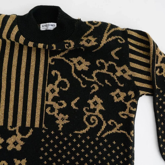 Vintage 90s Alfred Dunner Black w Metallic Gold  Floral Mockneck Sweater L - Picture 8 of 11